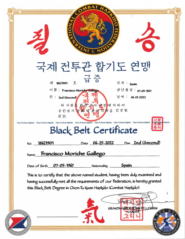 CERTIFICADO 2º DAN COMBAT HAPKIDO FRANCISCO MORICHE